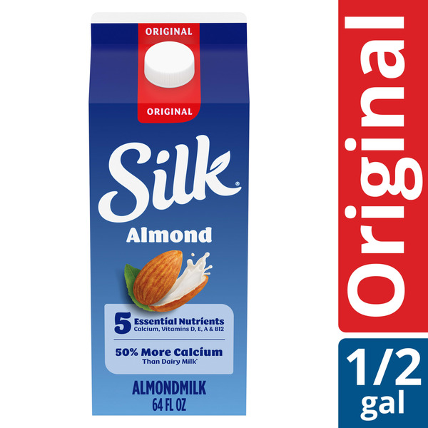 Silk Almond Milk, Original, Dairy Free, Gluten Free, Seriously Creamy Vegan Plant Based Milk with 5 Essential Nutrients, 64 fl oz Half Gallon (64 fl oz)