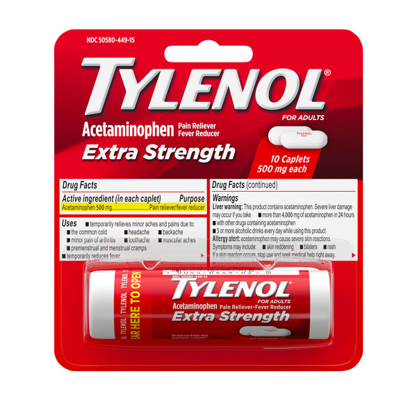 TYLENOL Extra Strength Pain Relief Caplets with 500 mg Acetaminophen For Headache, Backache &amp; Menstrual Pain Relief, Pain Reliever &amp; Fever Reducer Medicine, Travel Size, 10 ct (50 ct)