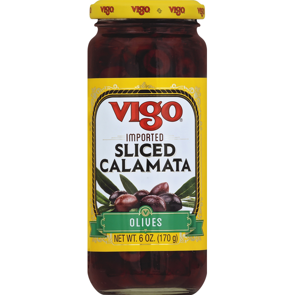 Vigo Olives, Calamata, Sliced (7 oz) - Available at Mega Groceries on StoresGo