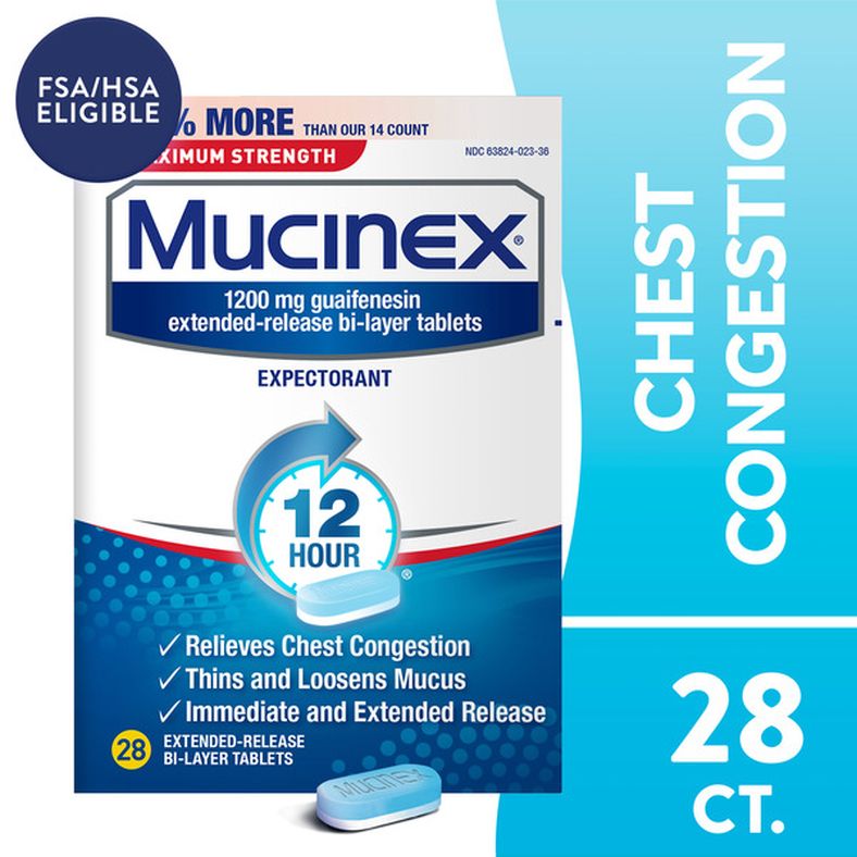 MUCINEX® Mucinex Maximum Strength 12 Hour Chest Congestion Expectorant Relief Tablets, 1200 mg, 28 Count, Thins & Loosens Mucus