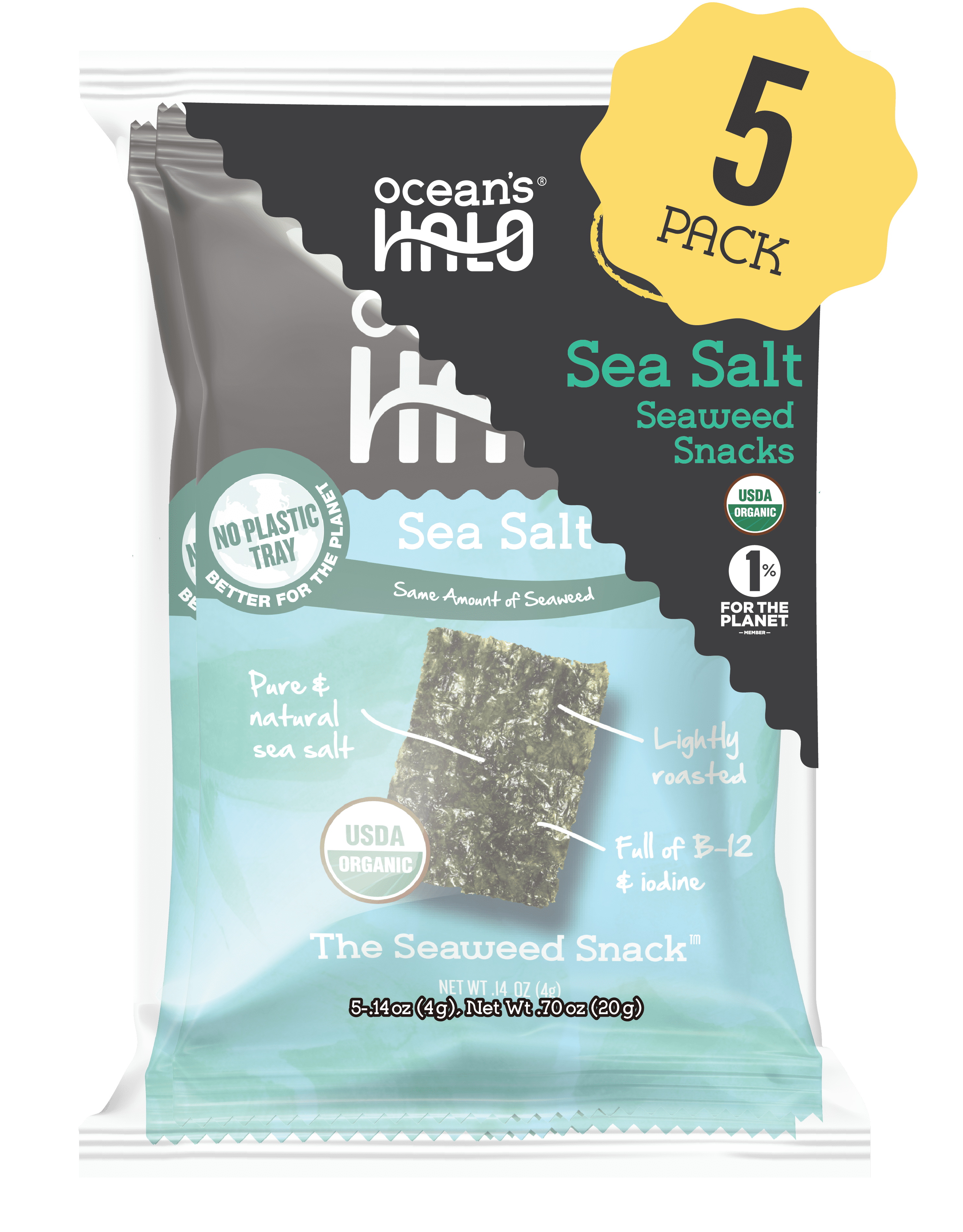 Ocean's Halo, 5pk Seaweed Snack, Healthy, Sea Salt, Vegan Keto Nori Crispy Chips