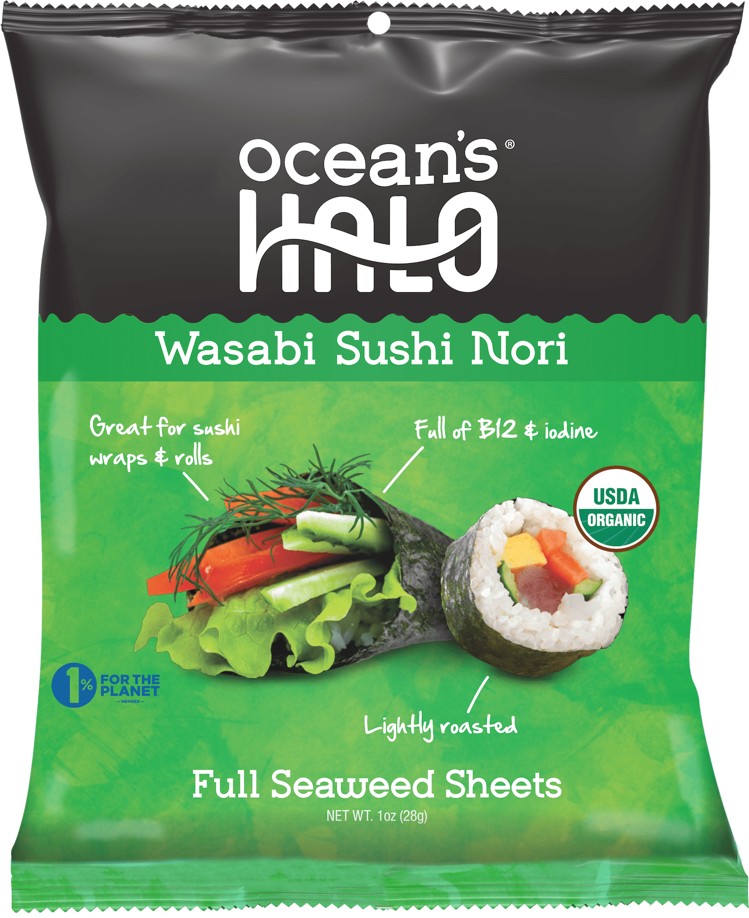 Ocean's Halo, Wasabi Sushi Nori Seaweed Sheets, Organic, Vegan, Shelf-Stable, Perfect Paper for Wraps, 10 per Pack, 1.4 oz.