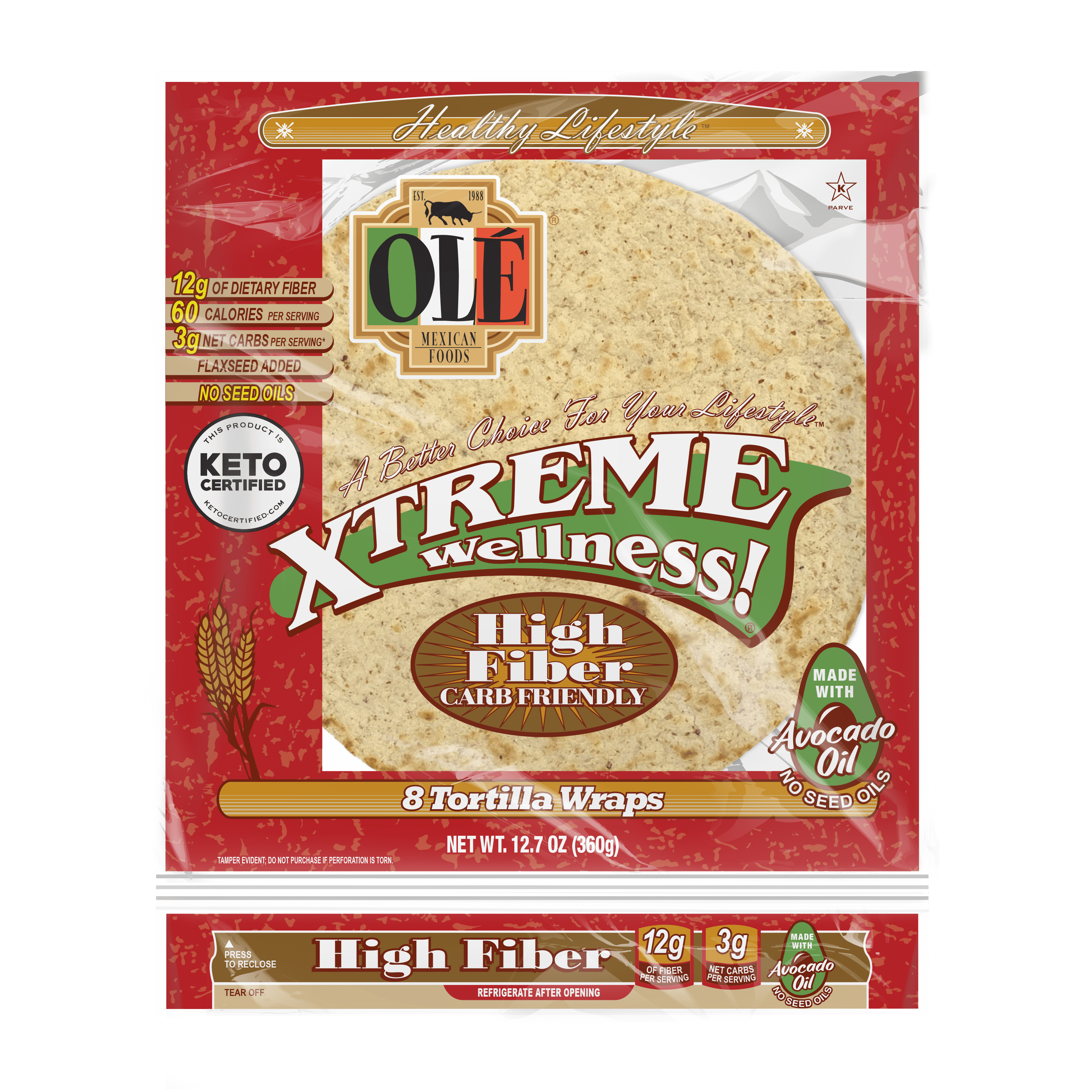 Ol Mexican Foods Xtreme Wellness High Fiber Keto Certified Flour Tortilla Wraps, 12.7 oz, 8 Count