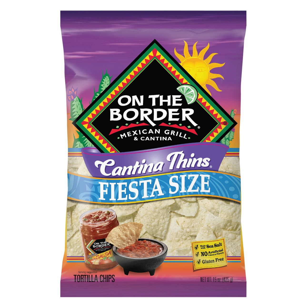 On The Border Cantina Thins Tortilla Chips, Gluten-Free, Fiesta Size, 15 oz Bag