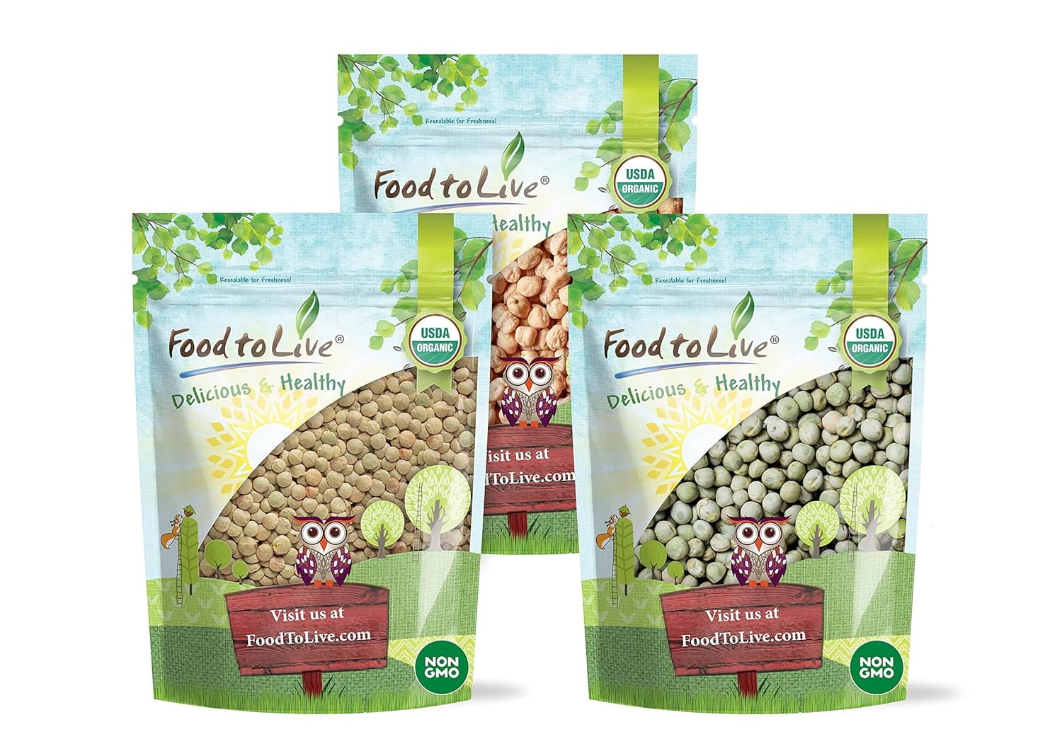 Organic Pulses Bundle, 3 Pack Organic Whole Green Peas (5 LB), Organic Green Lentils (5 LB), Organic Chickpeas (5 LB), Non-GMO Dried Legumes, Raw, Vegan, Kosher, Bulk. Rich in Fiber and Protein