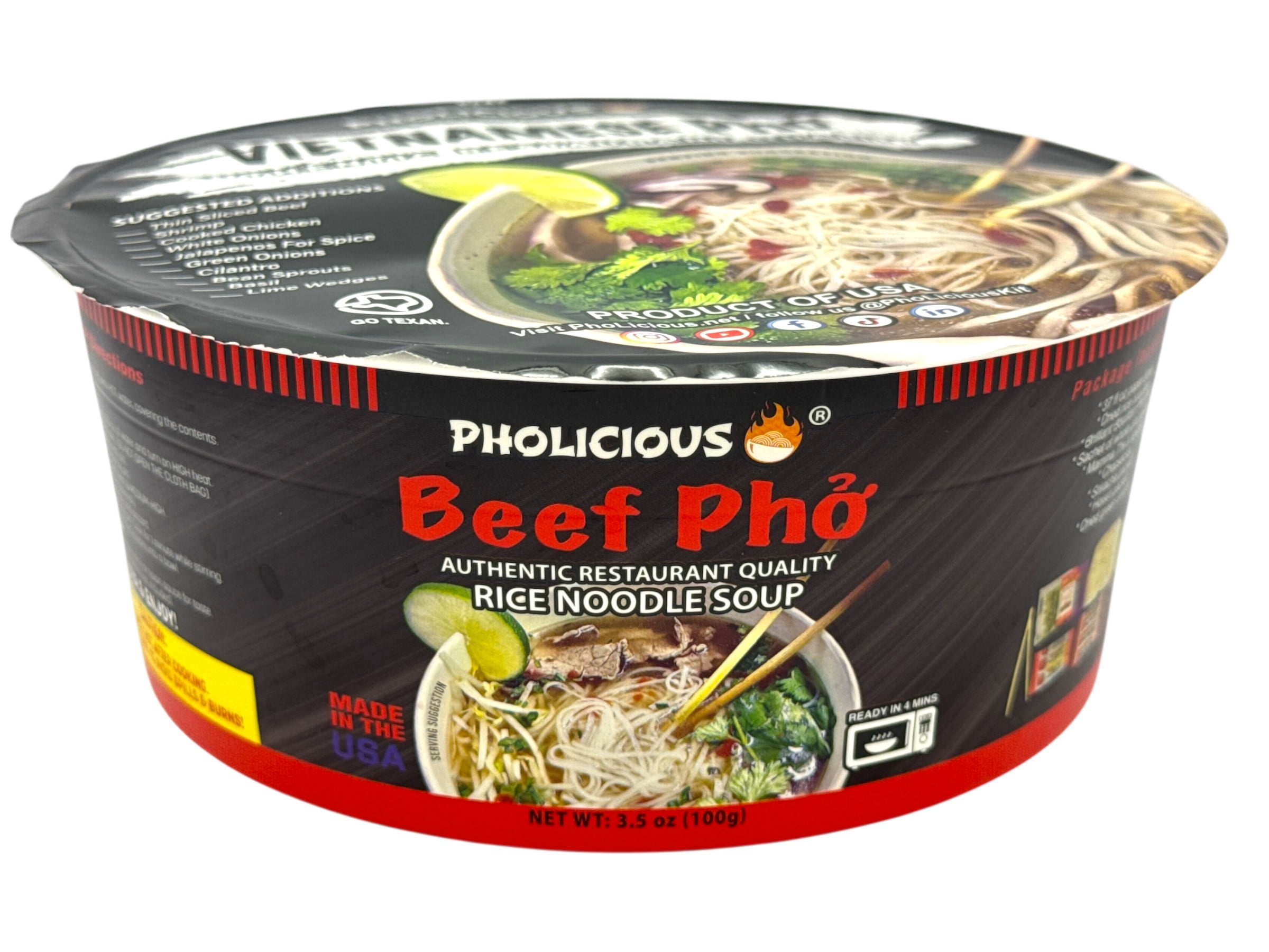 Pholicious Instant Beef Pho, Vietnamese Rice Noodle Soup, Single Serve 3.6 Ounce Bowls, Ramen Alternative & Fresh Ingredients, As Seen on Shark Tank