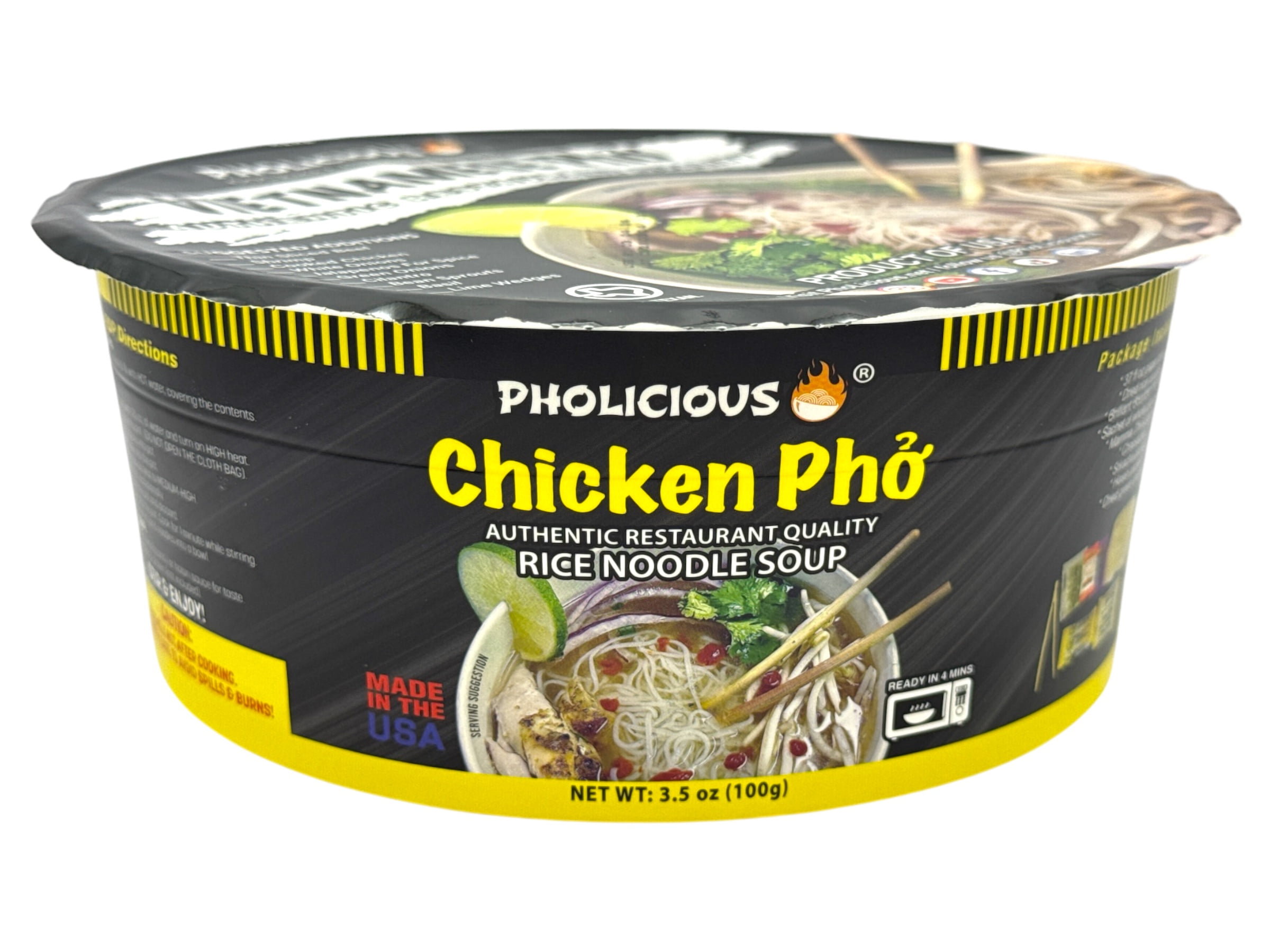 Pholicious Instant Chicken Pho, Vietnamese Rice Noodle Soup, Single Serve 3.6 Ounce Bowls, Ramen Alternative, Fresh Ingredients, As Seen on Shark Tank