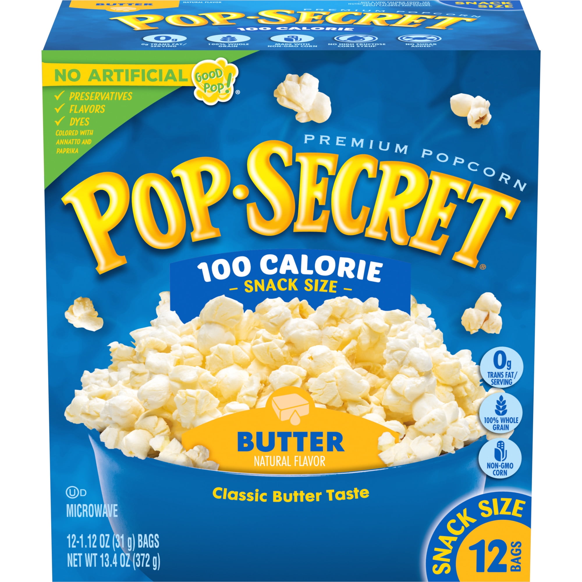 Pop Secret Microwave Popcorn, 100 Calorie Butter Flavor, 1.1 oz Snack Bags, 12 Ct