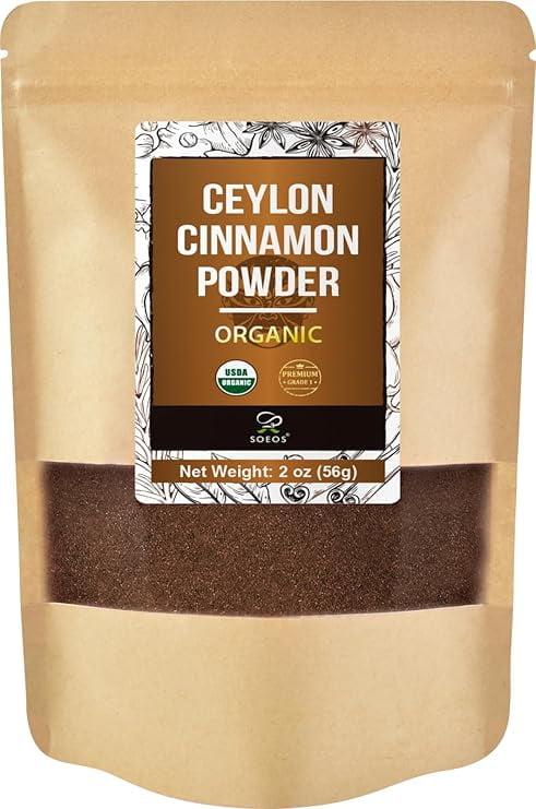 Soeos Organic Ceylon Cinnamon Powder, Grade 1, 2 oz (56g), Pure Ground Cinnamon from Sri Lanka, Perfect for Baking, Cooking and Beverages