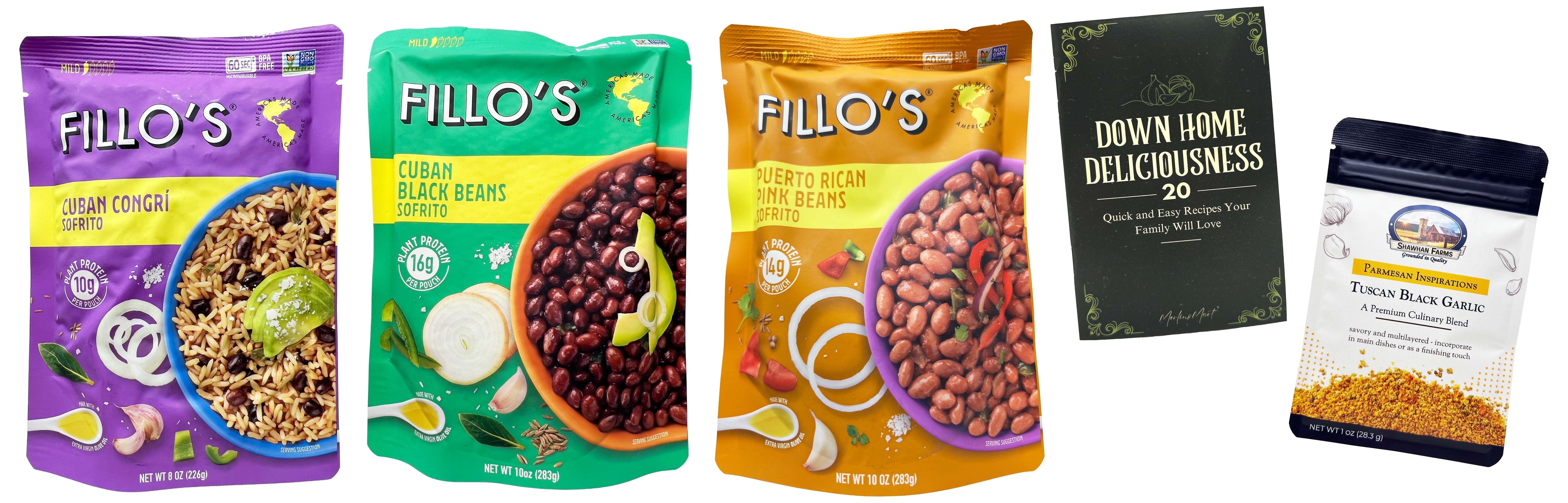 Sofrito Side Dishes - 3 flavors - 1 each: Cuban Black Beans, Cuban Congr, Puerto Rican Pink Beans | Shawhan Farms Parmesan + MerlinsMart Zine | Fillo's