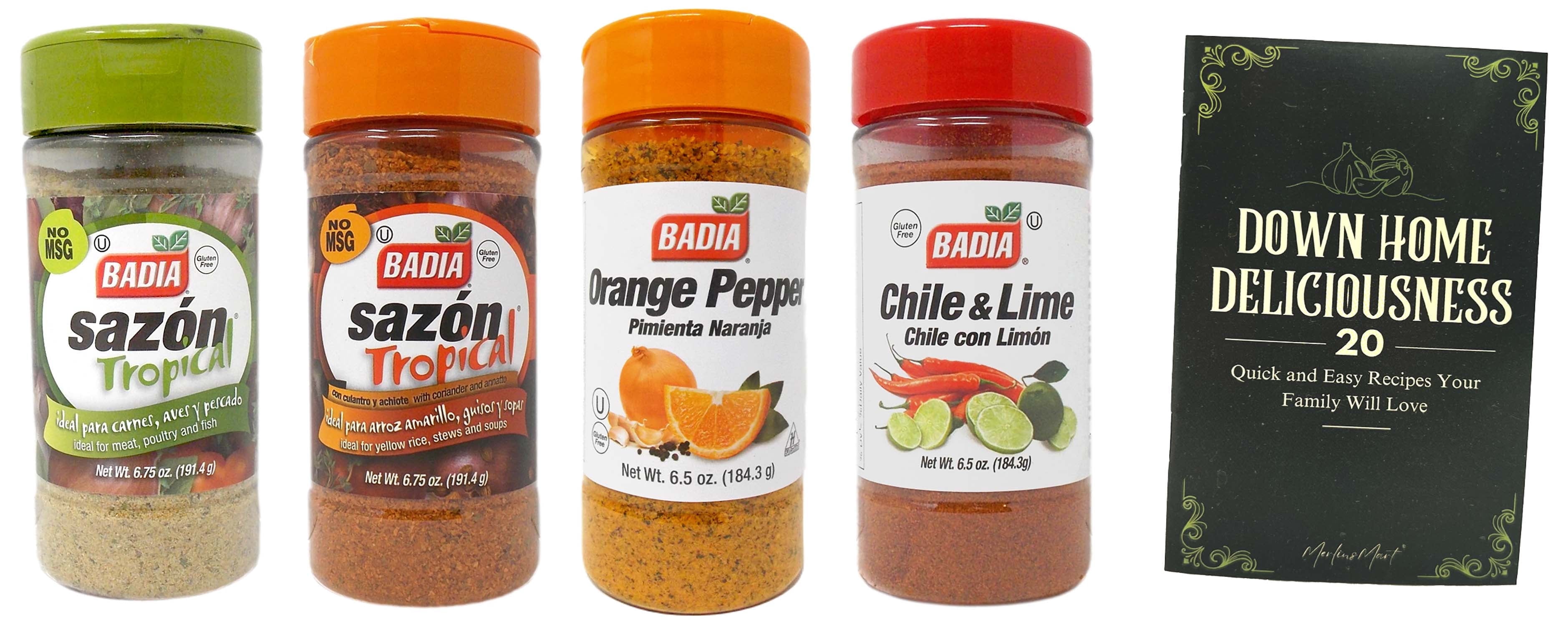 Spices Seasoning 4 Flavor Variety 1 Each: Sazon Tropical Coriander Annato, Sazon Tropical, Orange Pepper, Chile Lime (6.5-6.75 ounces) + MerlinsMart Zine | Badia