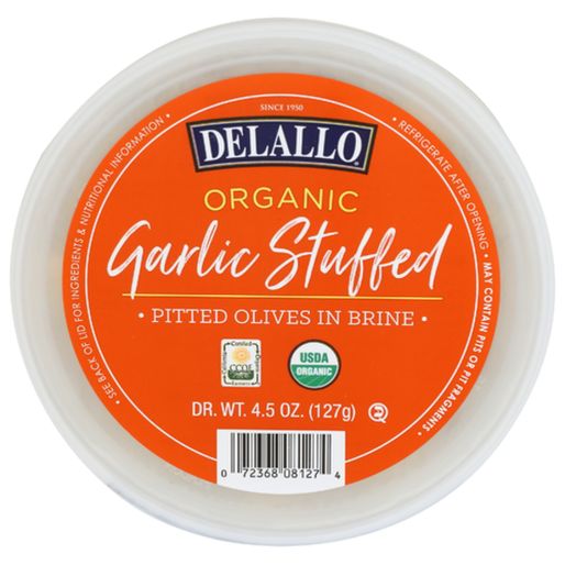DeLallo Organic Garlic Stuffed Pitted Green Olives - Available at Green Garden Foods on StoresGo