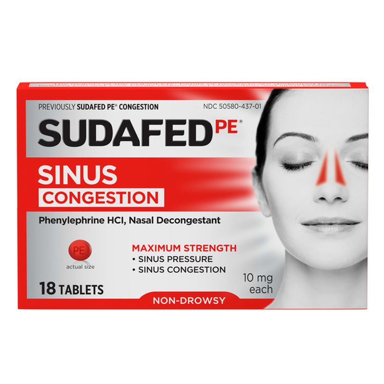 Sudafed PE Max Strength Non-Drowsy Sinus Decongestant Tablets, 18 ct