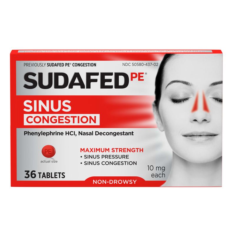 Sudafed PE Max Strength Non-Drowsy Sinus Decongestant Tablets, 36 ct