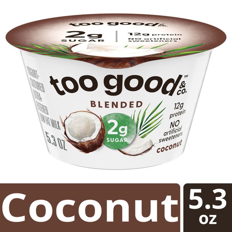 Too Good & Co. Coconut Yogurt-Cultured Ultra-Filtered Low Fat Milk Product, Creamy and Delicious Low Fat Yogurt Product Snack Cup with Real Fruit Puree, Good Source of Protein, 5.3 OZ Cup