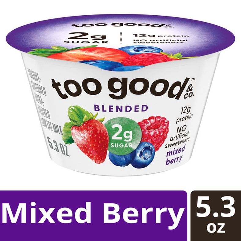 Too Good & Co. Mixed Berry Yogurt-Cultured Ultra-Filtered Low Fat Milk Product, Creamy and Delicious Low Fat Yogurt Product Snack Cup with Real Fruit Puree, Good Source of Protein, 5.3 OZ Cup