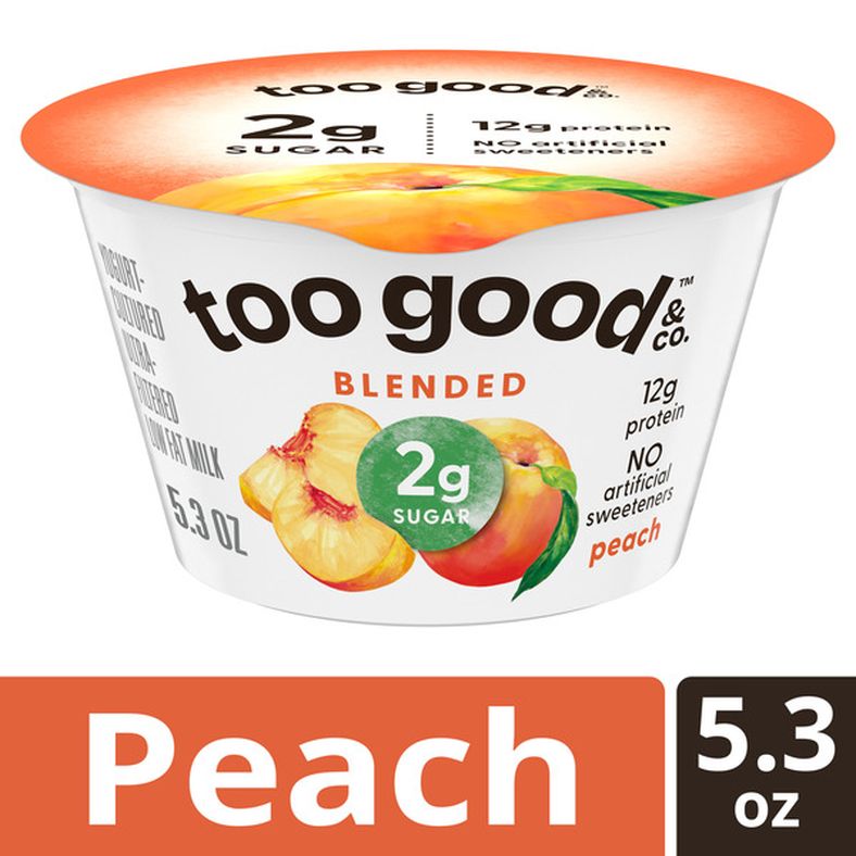 Too Good & Co. Peach Yogurt-Cultured Ultra-Filtered Low Fat Milk Product, Creamy and Delicious Low Fat Yogurt Product Snack Cup with Real Fruit Puree, Good Source of Protein, 5.3 OZ Cup