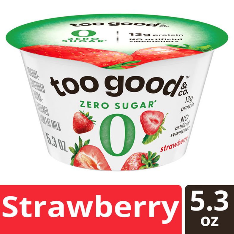 Too Good & Co. Zero Sugar Strawberry Yogurt-Cultured Ultra-Filtered Low Fat Milk Product, Creamy and Delicious Low Fat Yogurt Product Snack Cup with Zero Sugar*, Good Source of Protein, 5.3 OZ Cup