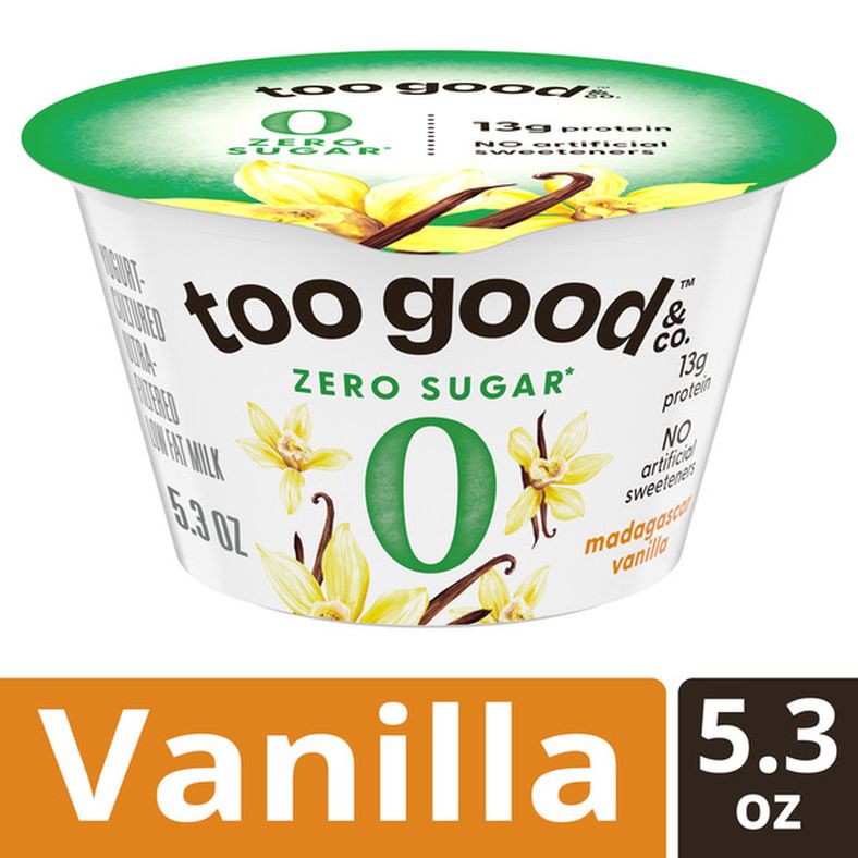 Too Good & Co. Zero Sugar Vanilla Yogurt-Cultured Ultra-Filtered Low Fat Milk Product, Gluten Free, Keto Friendly, 5.3 OZ Cup