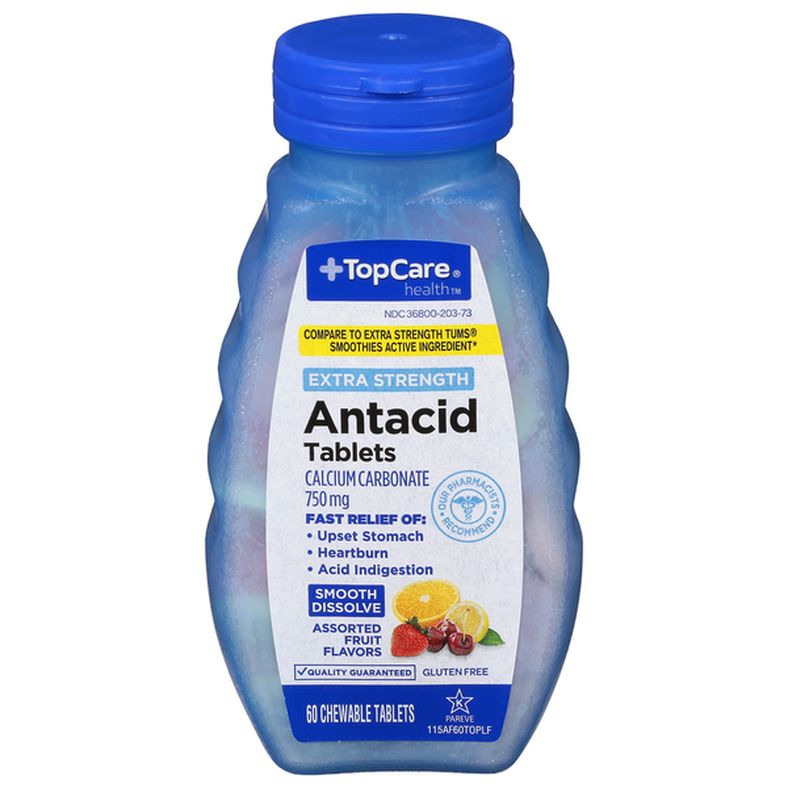 TopCare Antacid, Extra Strength, 750 mg, Chewable Tablets, Assorted Fruit Flavors