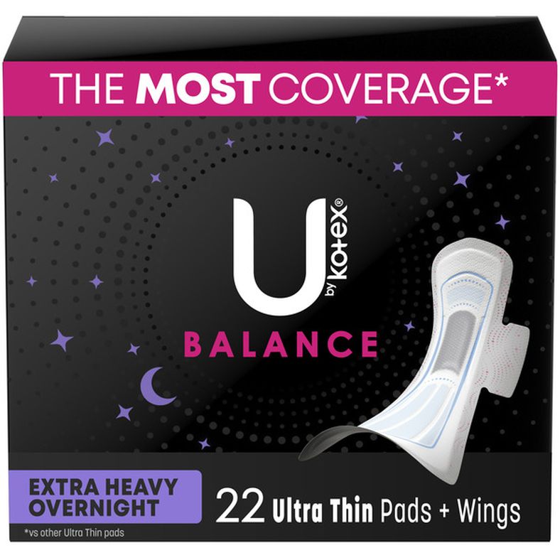 U by Kotex Balance Ultra Thin Overnight Pads with Wings, Extra Heavy Absorbency