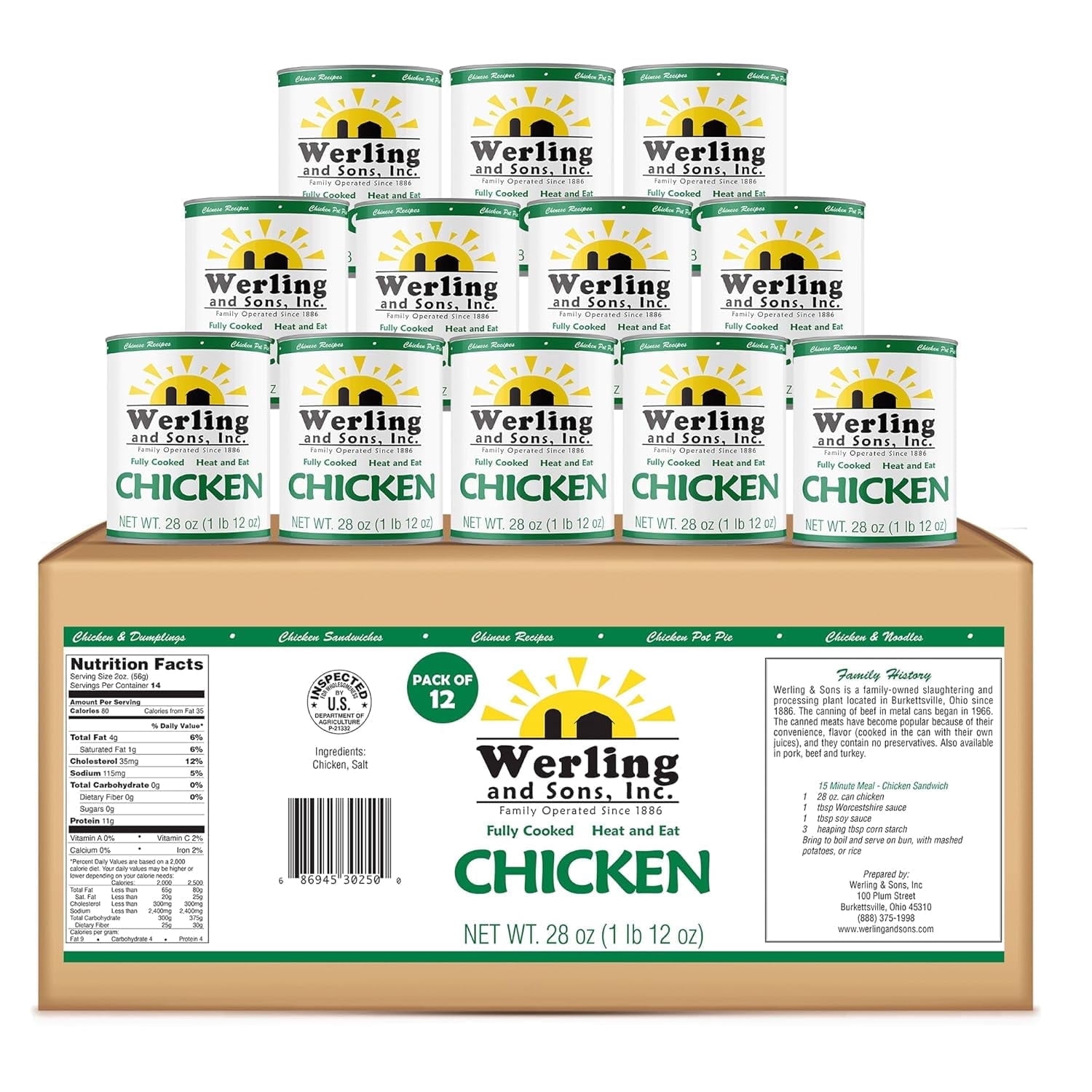 Werling & Sons Canned Chicken 28 Oz, Pack of 12 Fully Cooked, Ready to Eat, High-Protein Canned Meat with 5-Year Shelf Life Great for Recipes, Camping, Emergency & Survival Made in USA