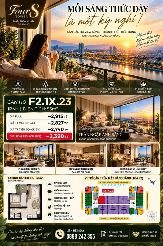 Bán căn hộ 1PN+ 61m² giá 2,54 tỷ tại Fours Tower, Đà Nẵng