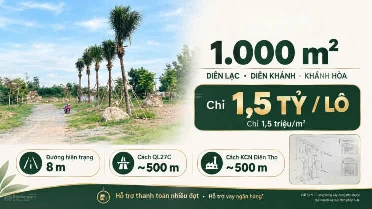 Bán đất Diên Khánh 1.000m2, 1.5 tỷ