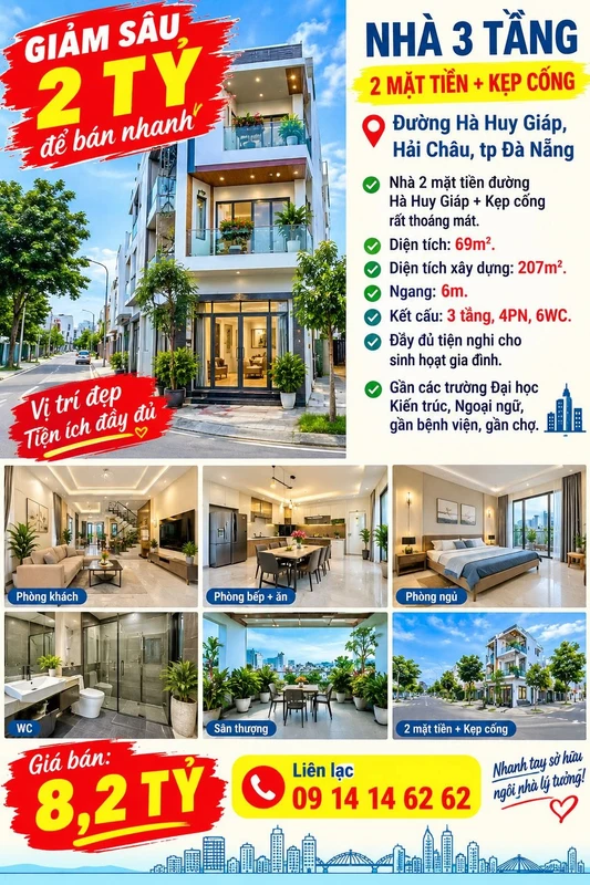 Bán nhà 3 tầng 2 mặt tiền Hà Huy Giáp, Đà Nẵng, 69m2, 8.2 tỷ