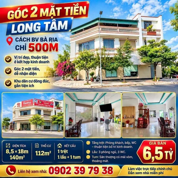 Nhà bán góc 2 mặt tiền 140m² Long Tâm, Bà Rịa