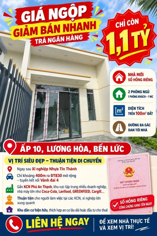 Bán nhà mới 2PN, 100m² sổ hồng riêng Lương Hòa, Bến Lức, 1,1 tỷ