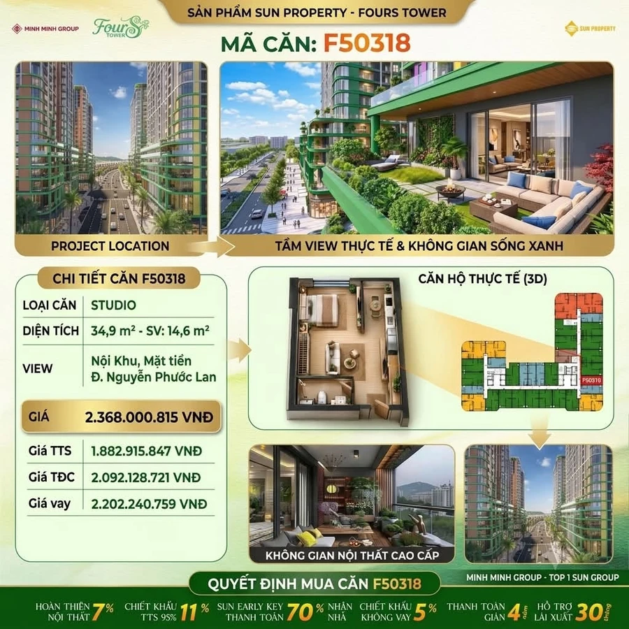 Căn studio 34,9m² + sân vườn Four S Tower Đà Nẵng giá 1,883 tỷ - Ảnh 1