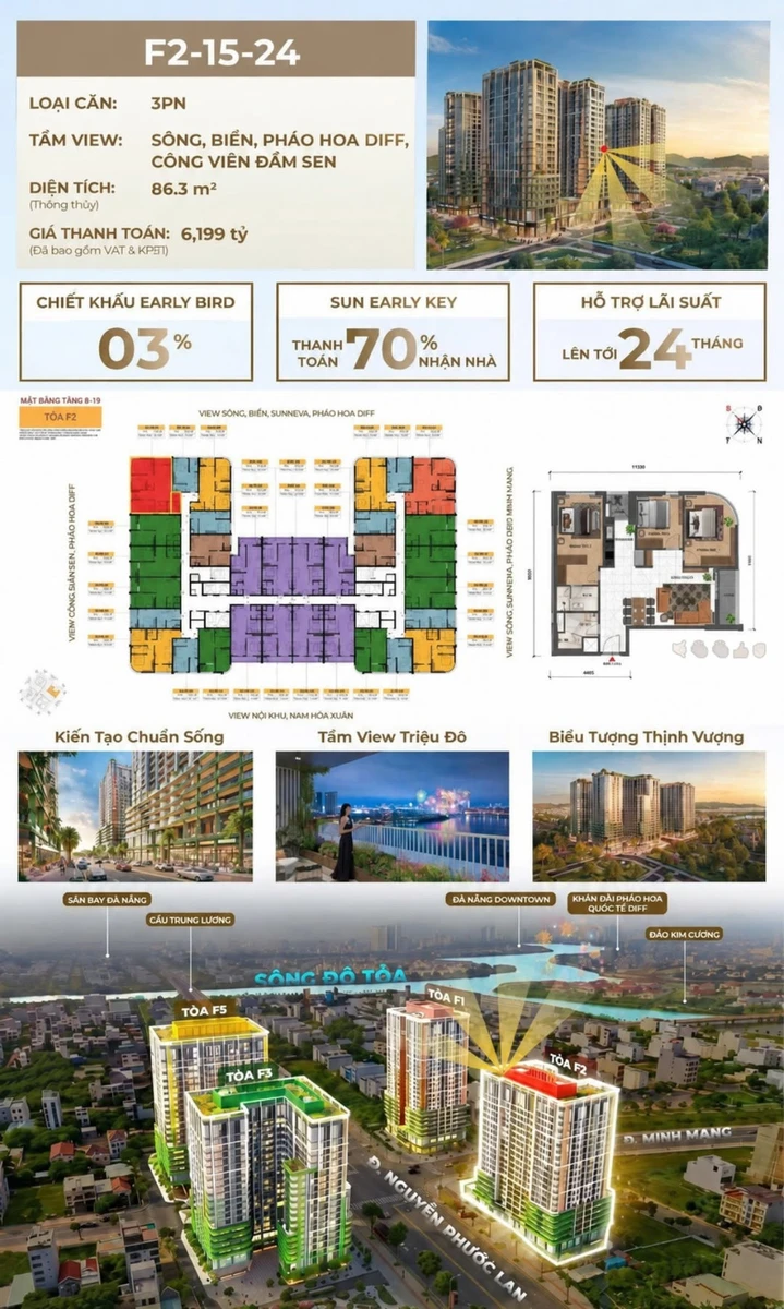 Bán căn hộ 3PN 86,3m² view sông biển Four S Tower F2 Sun Riverpolis Đà Nẵng giá 6,199 tỷ - Ảnh 1