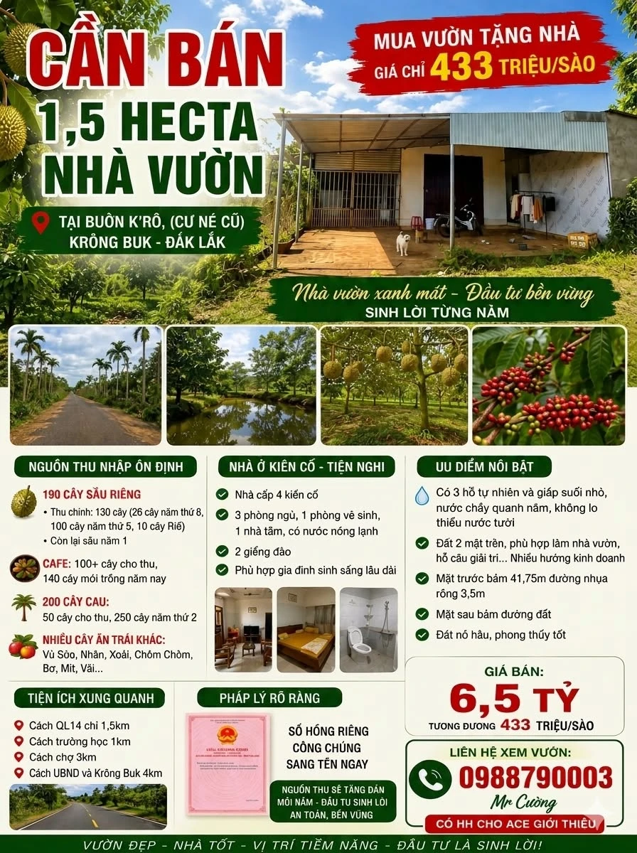 Bán 1,5 ha nhà vườn sầu riêng xen cà phê tại buôn K'rô, Krông Búk giá 6,5 tỷ - Ảnh 1