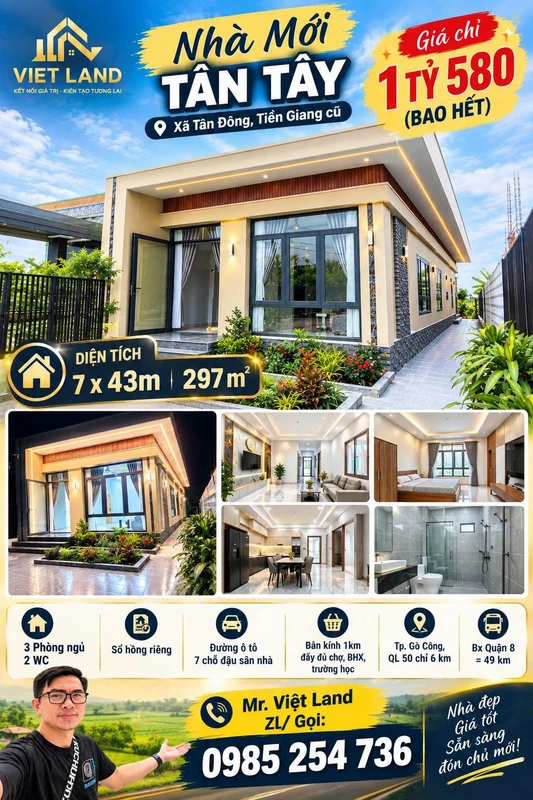 Bán nhà 3PN, 297m² sân vườn, sổ hồng riêng tại Tân Tây, Gò Công Đông, Tiền Giang