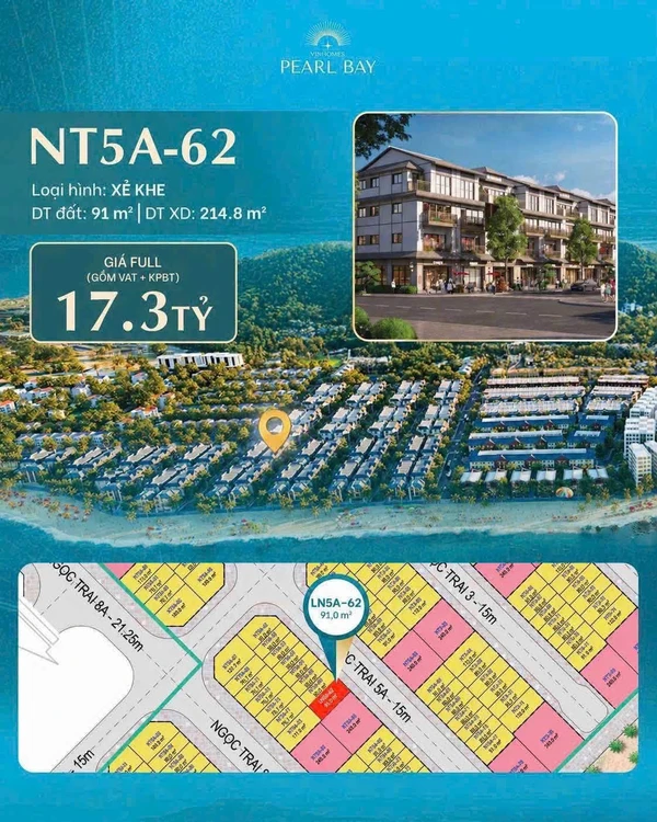 Bán căn góc 4 tầng 91m² Vinhomes Pearl Bay 17,3 tỷ