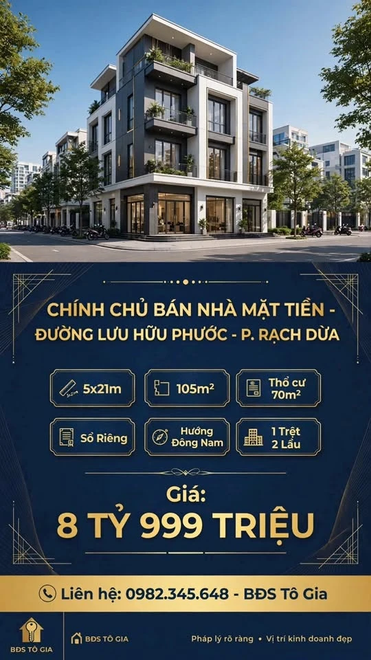 Bán nhà mặt tiền Lưu Hữu Phước, Rạch Dừa, 105m², 8.999 tỷ - Ảnh 1
