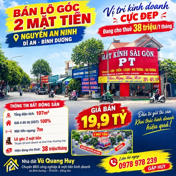 Bán lô góc 2 mặt tiền 107m² Nguyễn An Ninh, Dĩ An, Bình Dương 19.9 tỷ