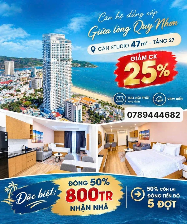 Bán căn hộ studio TMS Quy Nhơn 47m2 tầng 27 view biển, giá 1,6 tỷ
