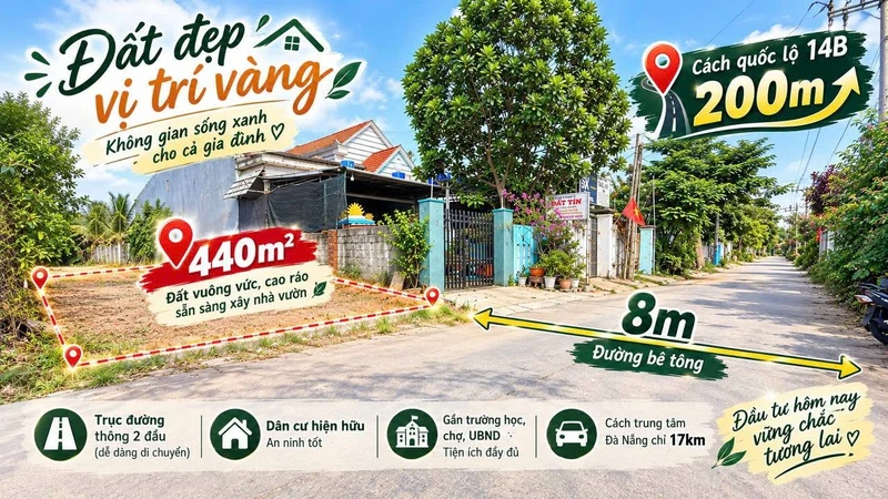 Bán đất 440m² gần Quốc lộ 14B, Đà Nẵng, giá 1,3 tỷ