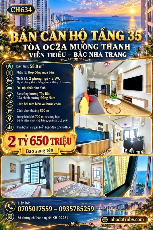Bán căn hộ 2PN tầng 35 OC2A Mường Thanh Viễn Triều, Bắc Nha Trang, 58,8m2