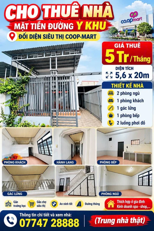 Cho thuê nhà mặt tiền Y 112m² 2PN 5 triệu/tháng