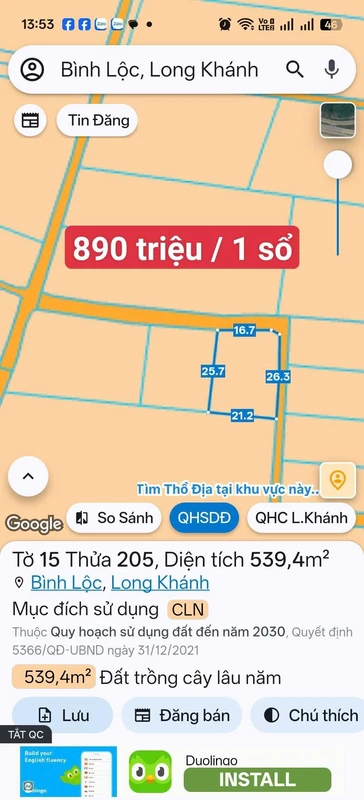Bán đất vườn chôm chôm 539m² Long Khánh 890 triệu