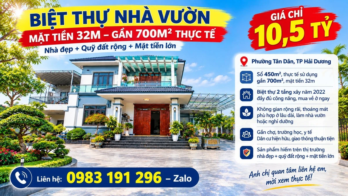Biệt thự 700m² mặt tiền 32m gần Hải Dương 10,5 tỷ - Ảnh 1