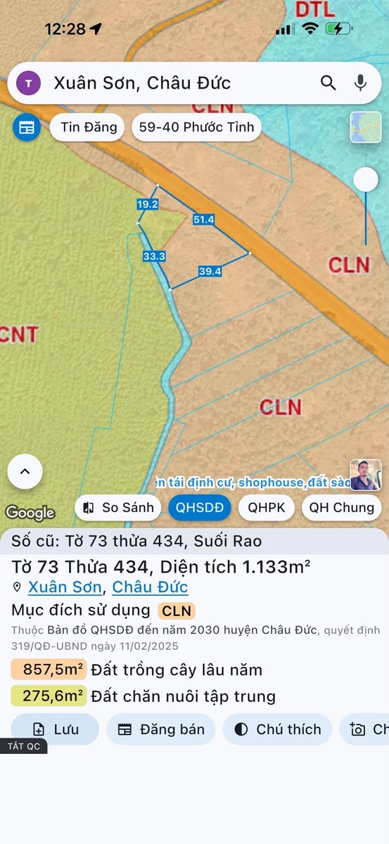Bán đất Châu Đức Suối Rao 8 sào 3 mặt tiền đường nhựa - Ảnh 1