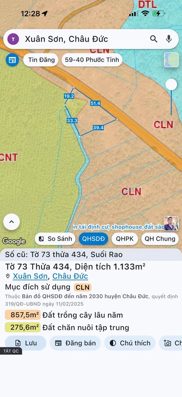 Bán đất Châu Đức Suối Rao 8 sào 3 mặt tiền đường nhựa