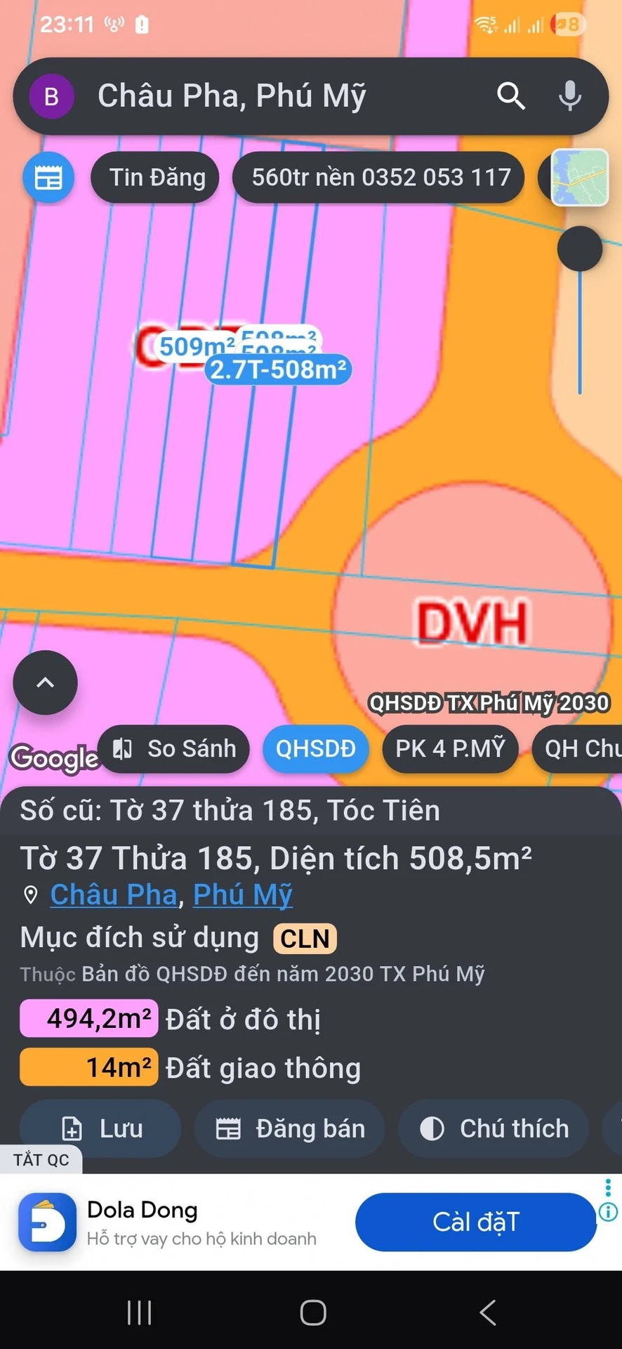 Bán lô đất 509m² Tóc Tiên Phú Mỹ, giá 2 tỷ 3 - Ảnh 1