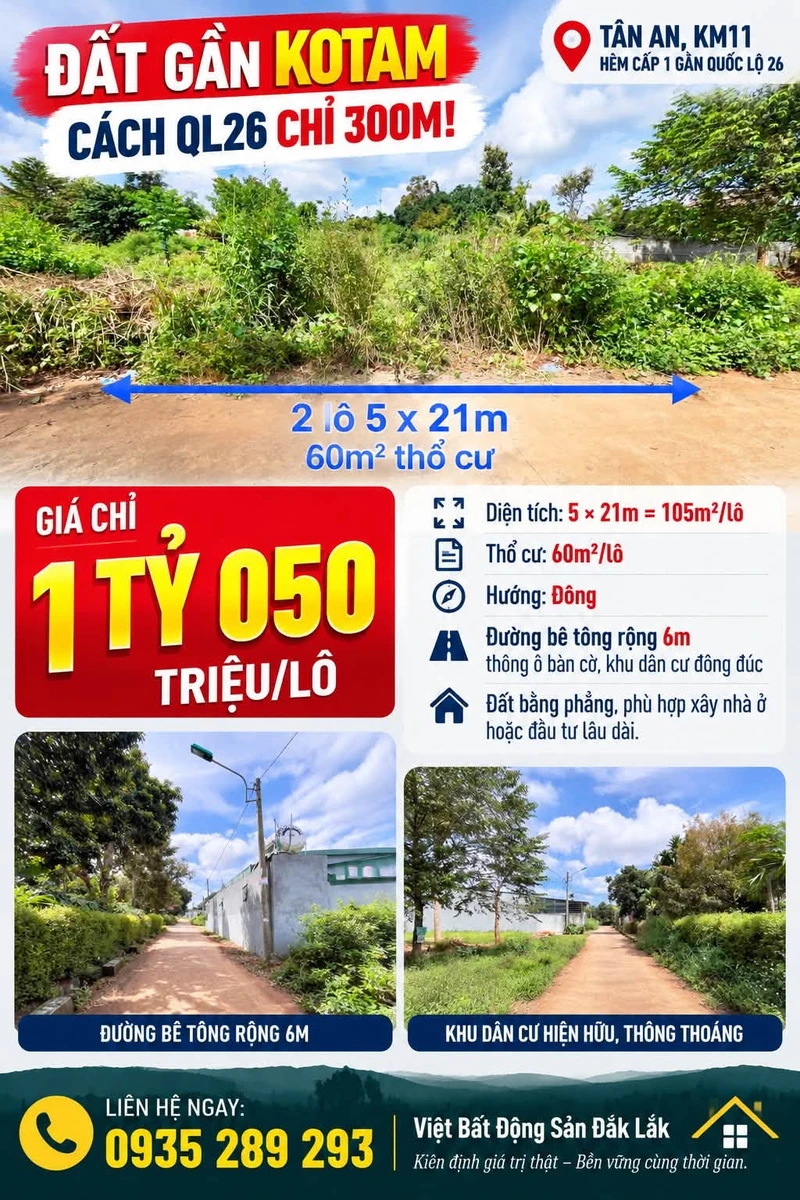 Bán đất 105m² gần Kotam, cách QL26 300m, Đắk Lắk - Ảnh 1
