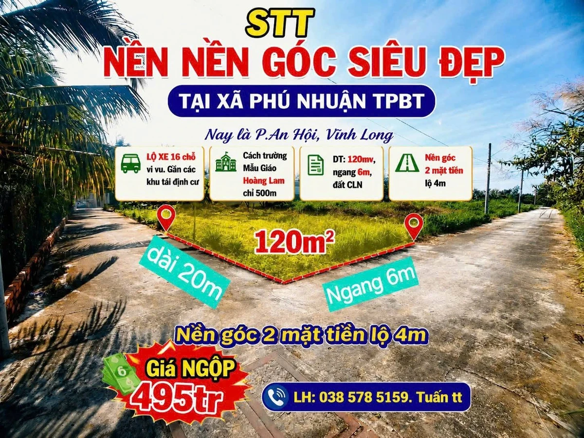 Bán nền đất góc 120m² tại Phường An Hội, Vĩnh Long 495 triệu - Ảnh thu nhỏ 2