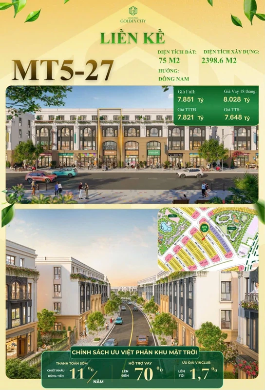Bán liền kề Vinhomes Golden City 239m² giá 3,5 tỷ